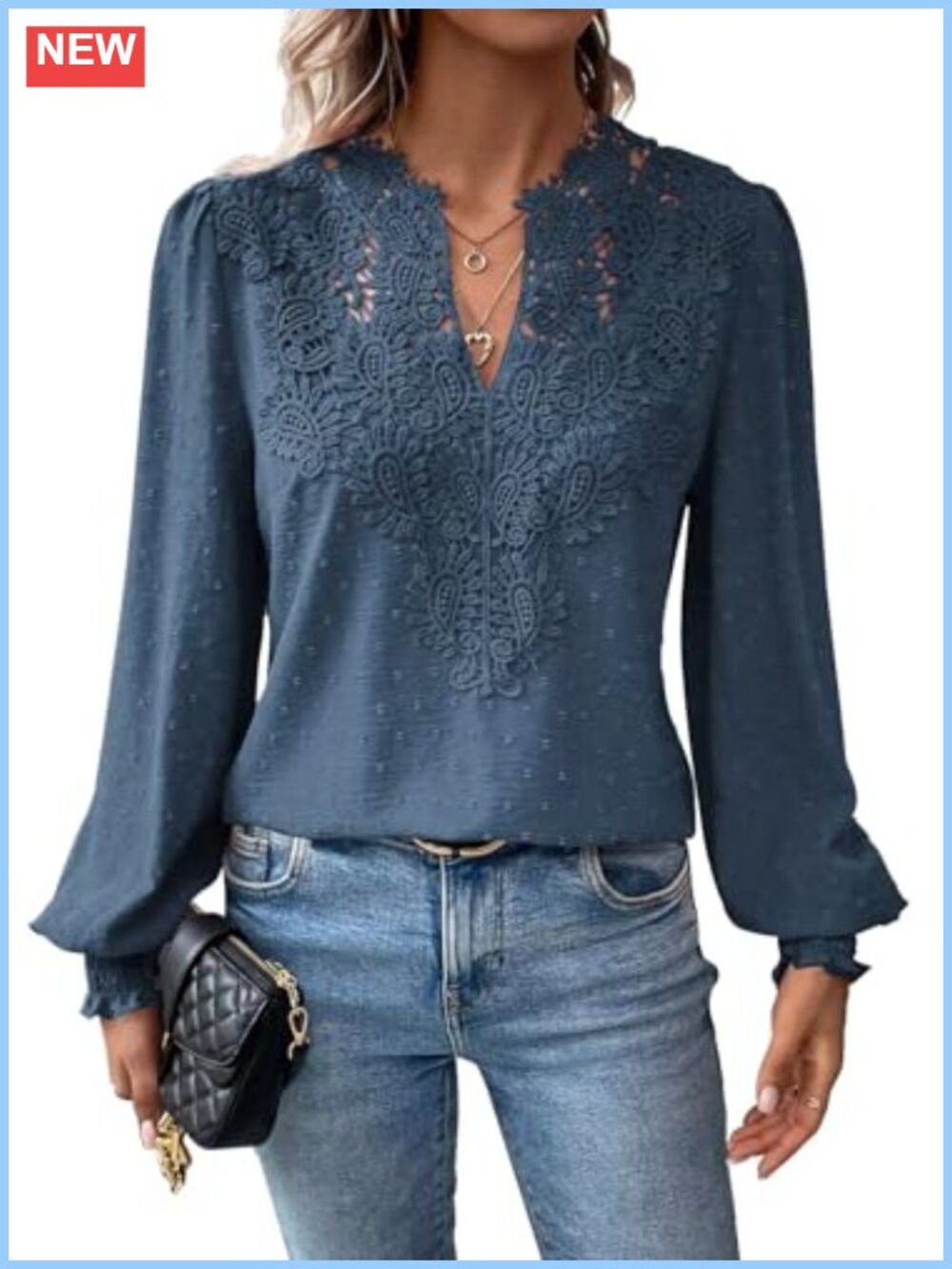 Women's Boho Lace Floral V-Neck Long Sleeve Blouse
